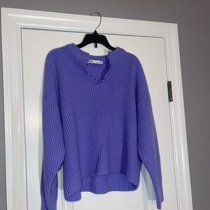 Zara Purple V-Neck Sweater with Ribbed Knit